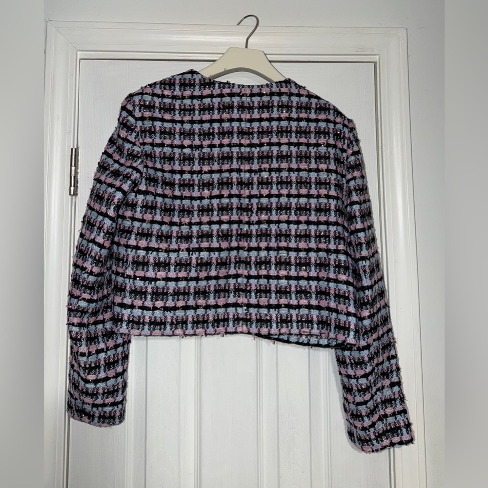 Ann Taylor Pink, Black & Light Blue Tweed Cropped Blazer - Picture 3 of 5